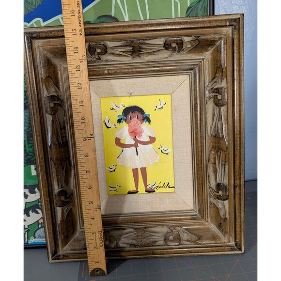 Signed "Chabela" Oil on Board Painting Girl with snack Ornate Wood Frame - Picture 7 of 9